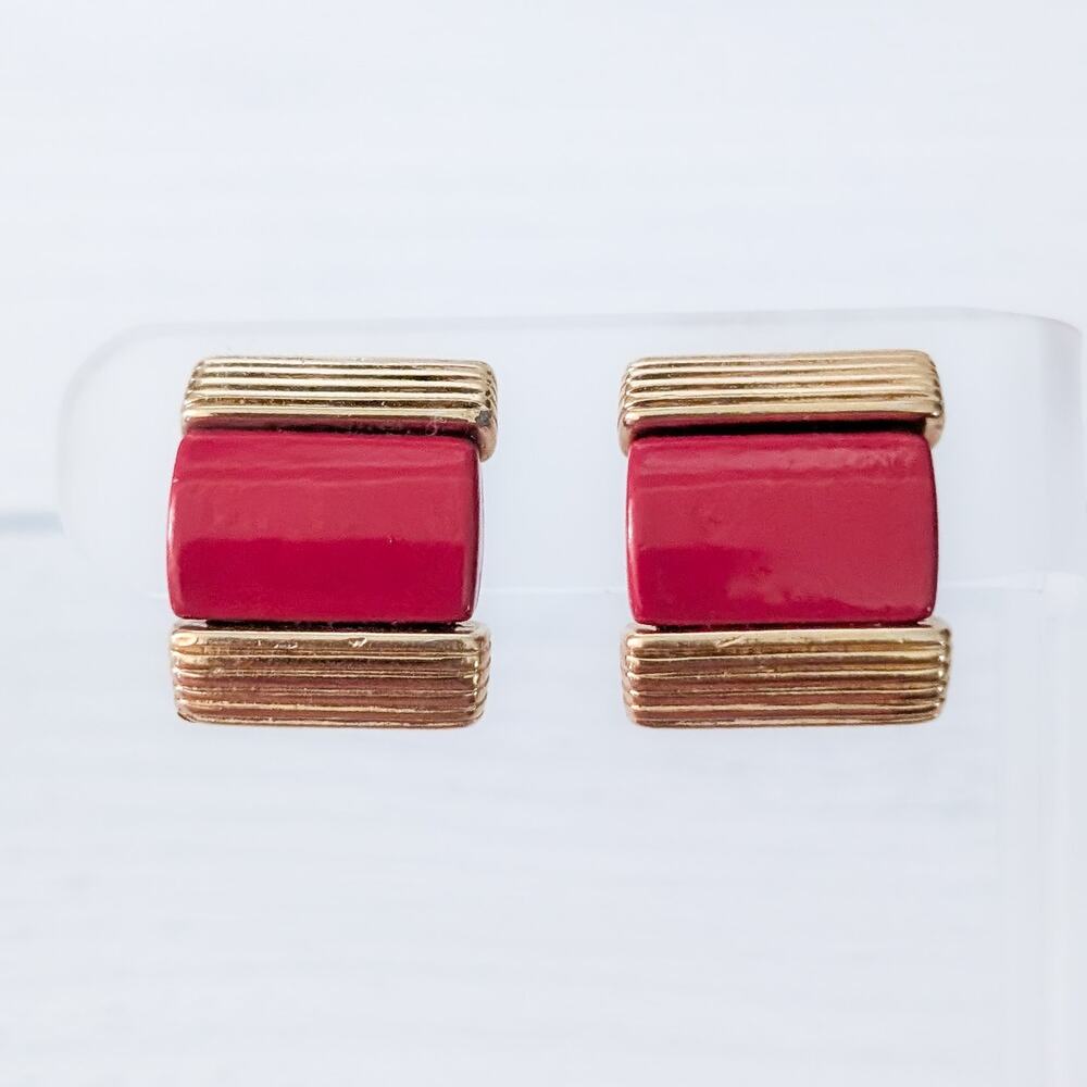 Vintage Nina Ricci Clip On Earrings Gold Tone & Red Statement 1980's Earrings